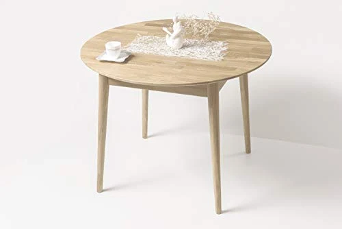 Nordic Story Escandi 6 Table de salle à manger ronde extensible en bois de chêne massif Style nordique 93-123 x 93 x 75 cm (chêne blanchi)