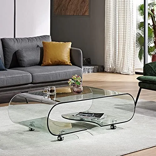 Table de canapé Table basse mobile en verre avec roulettes, table d'appoint décorative moderne et transparente, table à thé rectangulaire for salon, salle de bain, chambre et bureau Table côté thé ( C