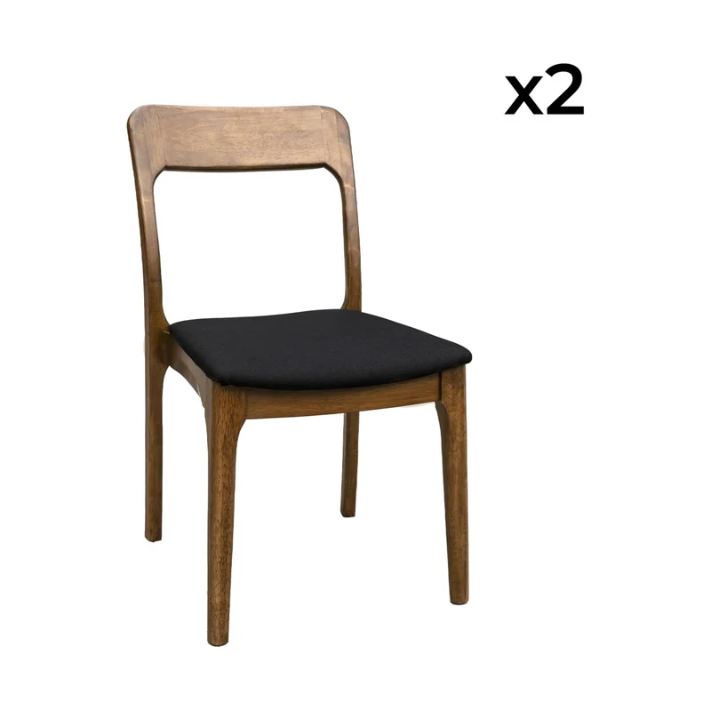 sweeek - Chaise Vintage en Bois d'hévéa Teinte Noyer et Tissu Noir. L 48 x P 58 x H 81.5cm (Lot de 2)