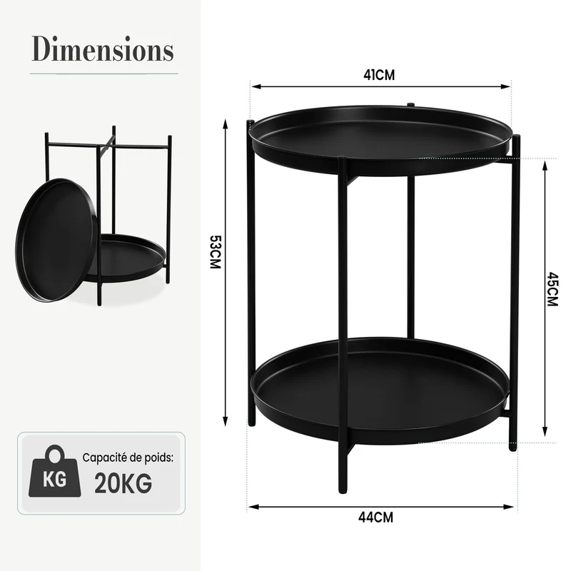WOLTU Table Basse Ronde, Table d'Appoint, Table Salon, Petite Table Basse avec 2 Plateaux Amovibles, Table de Chevet, en Métal, Noir, BTS17sz