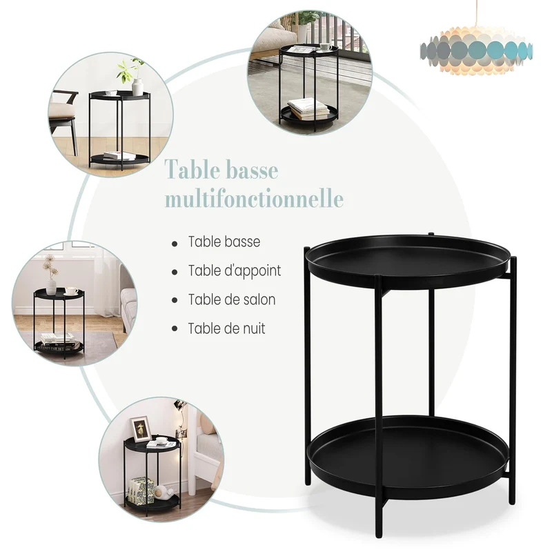 WOLTU Table Basse Ronde, Table d'Appoint, Table Salon, Petite Table Basse avec 2 Plateaux Amovibles, Table de Chevet, en Métal, Noir, BTS17sz