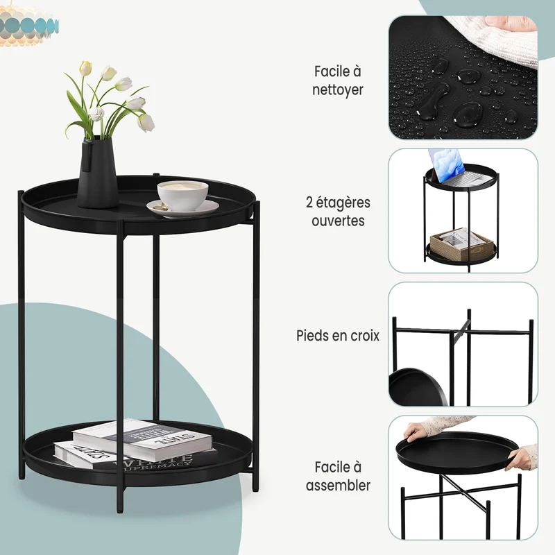 WOLTU Table Basse Ronde, Table d'Appoint, Table Salon, Petite Table Basse avec 2 Plateaux Amovibles, Table de Chevet, en Métal, Noir, BTS17sz