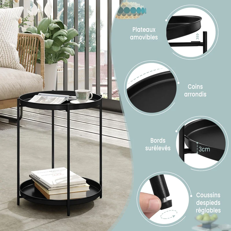 WOLTU Table Basse Ronde, Table d'Appoint, Table Salon, Petite Table Basse avec 2 Plateaux Amovibles, Table de Chevet, en Métal, Noir, BTS17sz