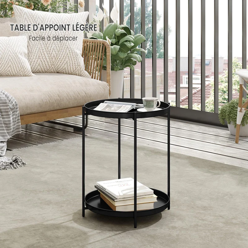 WOLTU Table Basse Ronde, Table d'Appoint, Table Salon, Petite Table Basse avec 2 Plateaux Amovibles, Table de Chevet, en Métal, Noir, BTS17sz