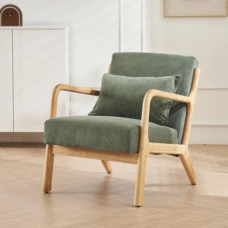 HOMIFAB Fauteuil en Bois et Velours côtelé Vert - Lanna