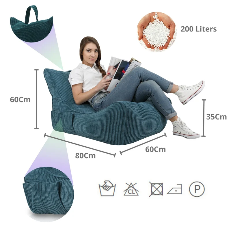 Ecopuf Flavio Chaise Longue Pouf Fauteuil Velours - Pouf Salon avec Pochette et Poignée, Rembourré - Fauteuil Relax Salon - Canapé Pouf - Pouf Chambre - Blanc crème Sz03