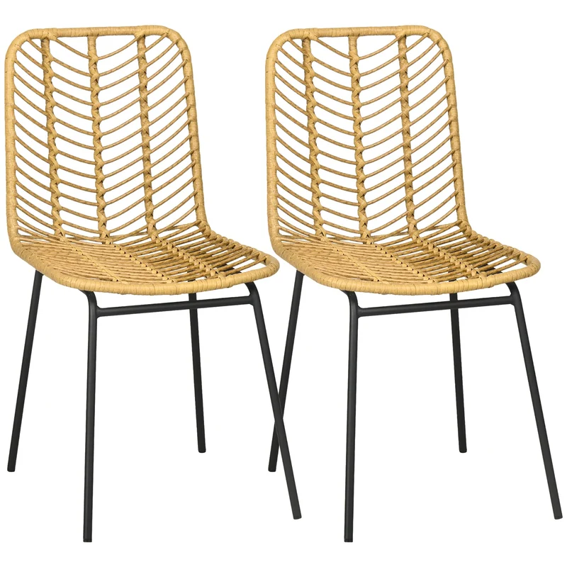 HOMCOM Lot de 2 chaises de Salle à Manger Chaise de Cuisine Design bohème en résine tressée Imitation rotin et piètement métal - 44 x 58 x 85 cm - Jaune