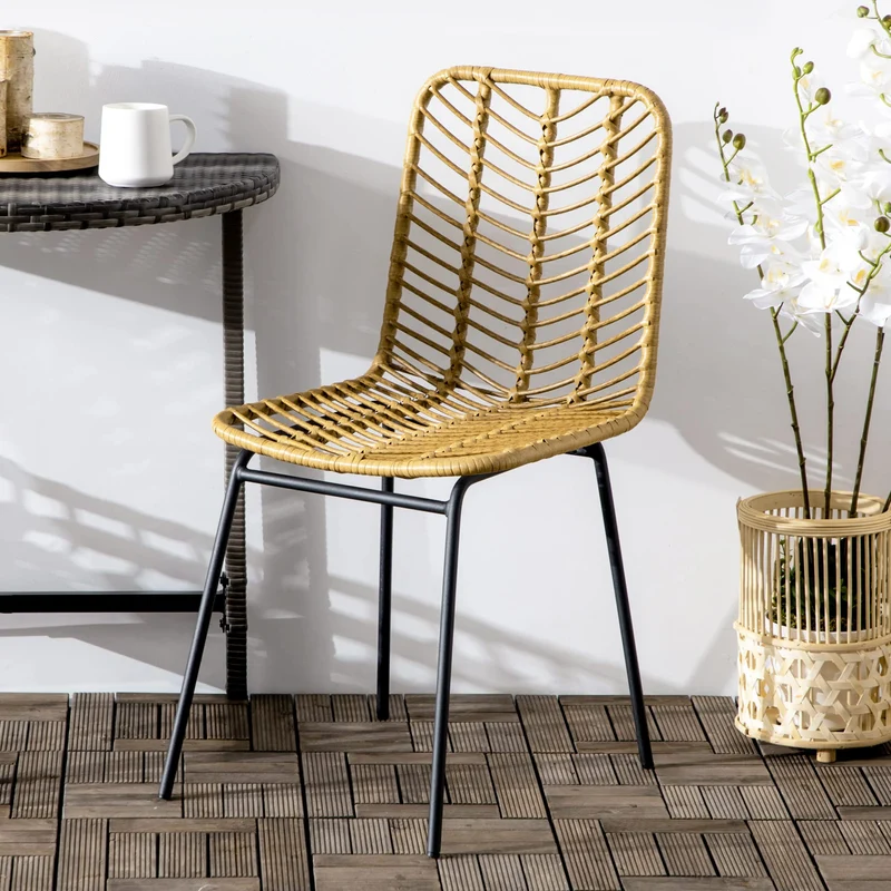 HOMCOM Lot de 2 chaises de Salle à Manger Chaise de Cuisine Design bohème en résine tressée Imitation rotin et piètement métal - 44 x 58 x 85 cm - Jaune