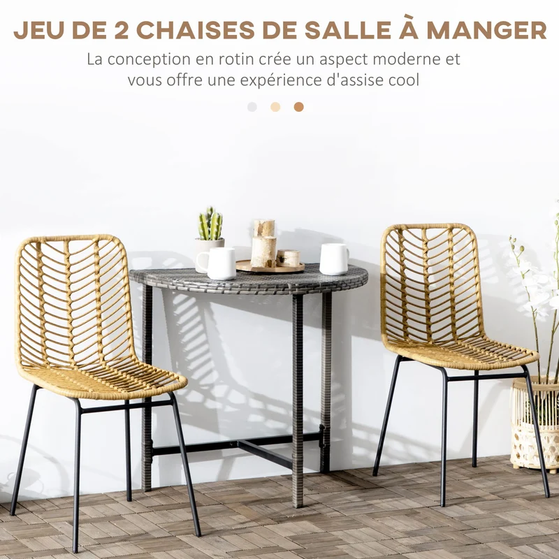 HOMCOM Lot de 2 chaises de Salle à Manger Chaise de Cuisine Design bohème en résine tressée Imitation rotin et piètement métal - 44 x 58 x 85 cm - Jaune