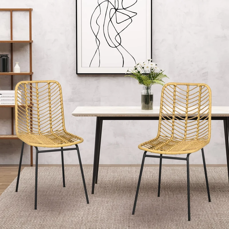 HOMCOM Lot de 2 chaises de Salle à Manger Chaise de Cuisine Design bohème en résine tressée Imitation rotin et piètement métal - 44 x 58 x 85 cm - Jaune