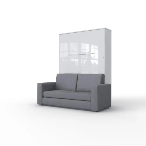 MAXIMAHOUSE Lit escamotable Vertical LED Invento 140V avec Le canapé (140×200) (Blanc/Blanc Brillant+Sofa Anthracite/Gris)