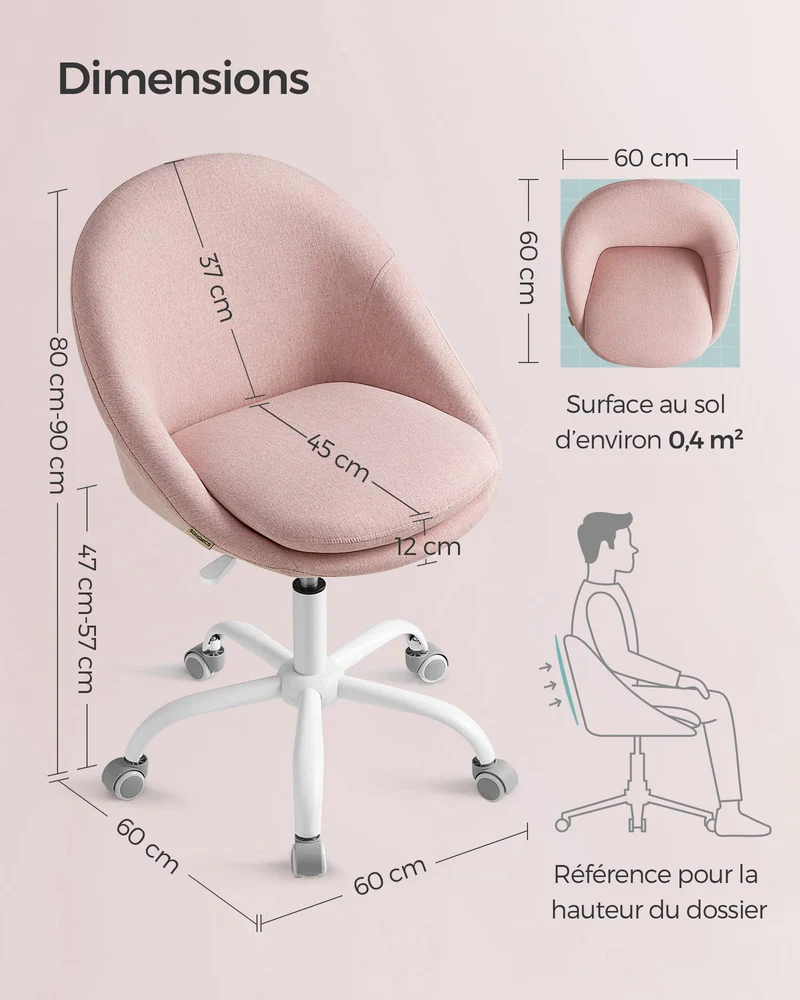 SONGMICS Chaise de Bureau, Fauteuil Pivotant en Tissu Coton-Lin, Siège Confort, Rembourrage en Mousse, Réglable en Hauteur, pour Bureau, Chambre, Rose Bonbon OBG020P01