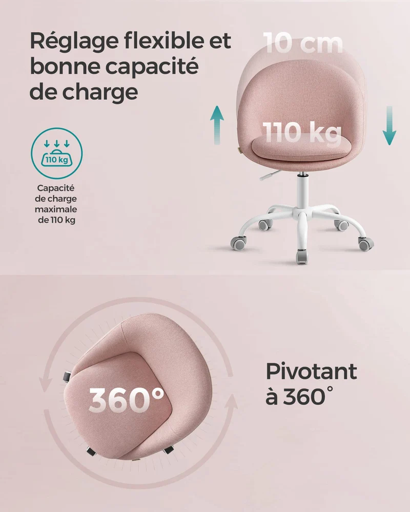 SONGMICS Chaise de Bureau, Fauteuil Pivotant en Tissu Coton-Lin, Siège Confort, Rembourrage en Mousse, Réglable en Hauteur, pour Bureau, Chambre, Rose Bonbon OBG020P01