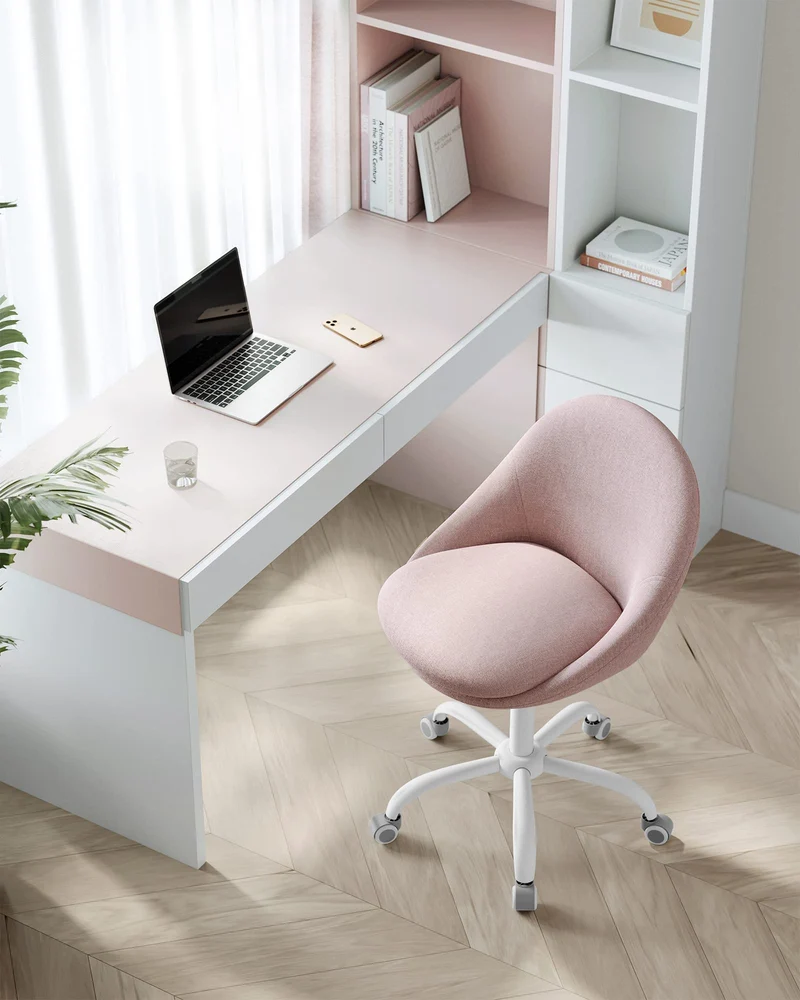 SONGMICS Chaise de Bureau, Fauteuil Pivotant en Tissu Coton-Lin, Siège Confort, Rembourrage en Mousse, Réglable en Hauteur, pour Bureau, Chambre, Rose Bonbon OBG020P01