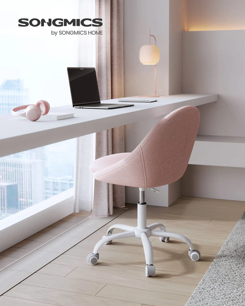 SONGMICS Chaise de Bureau, Fauteuil Pivotant en Tissu Coton-Lin, Siège Confort, Rembourrage en Mousse, Réglable en Hauteur, pour Bureau, Chambre, Rose Bonbon OBG020P01