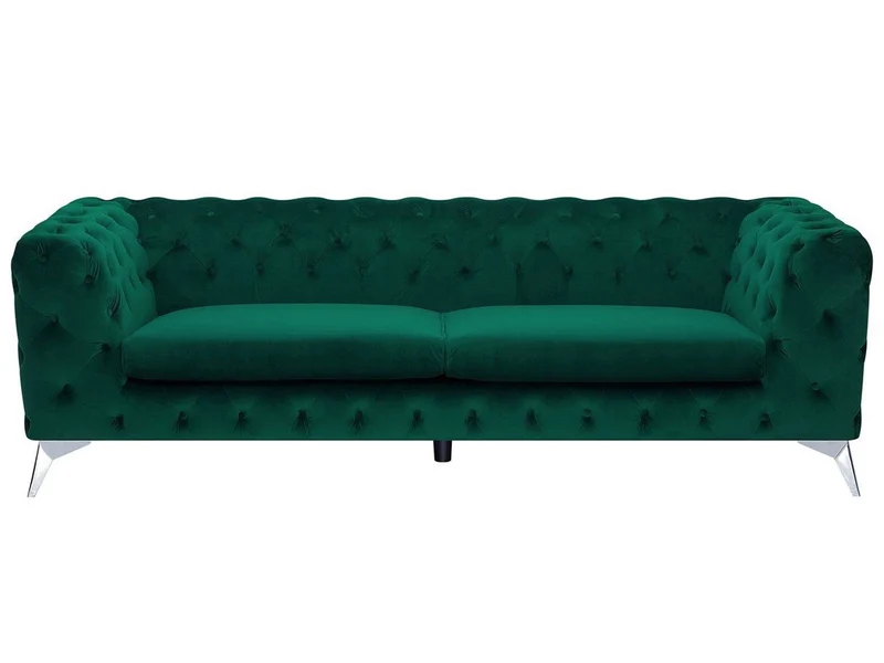 Canapé Fixe 3 Places Capitonné en Velours Vert de Qualité Idéal pour Salon au Design Glamour et Traditionnel Beliani