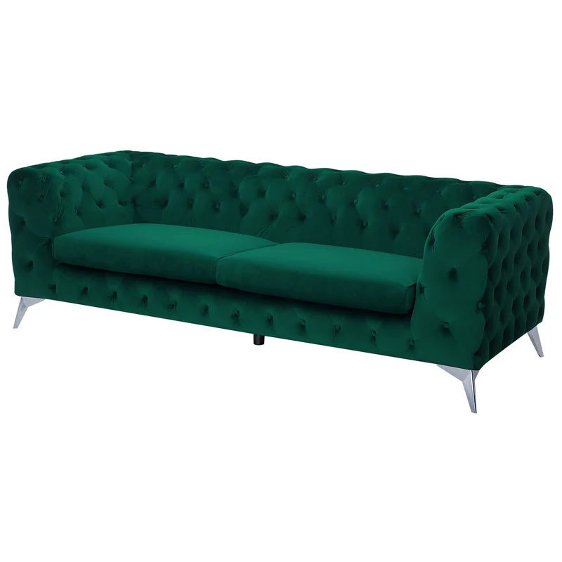 Canapé Fixe 3 Places Capitonné en Velours Vert de Qualité Idéal pour Salon au Design Glamour et Traditionnel Beliani