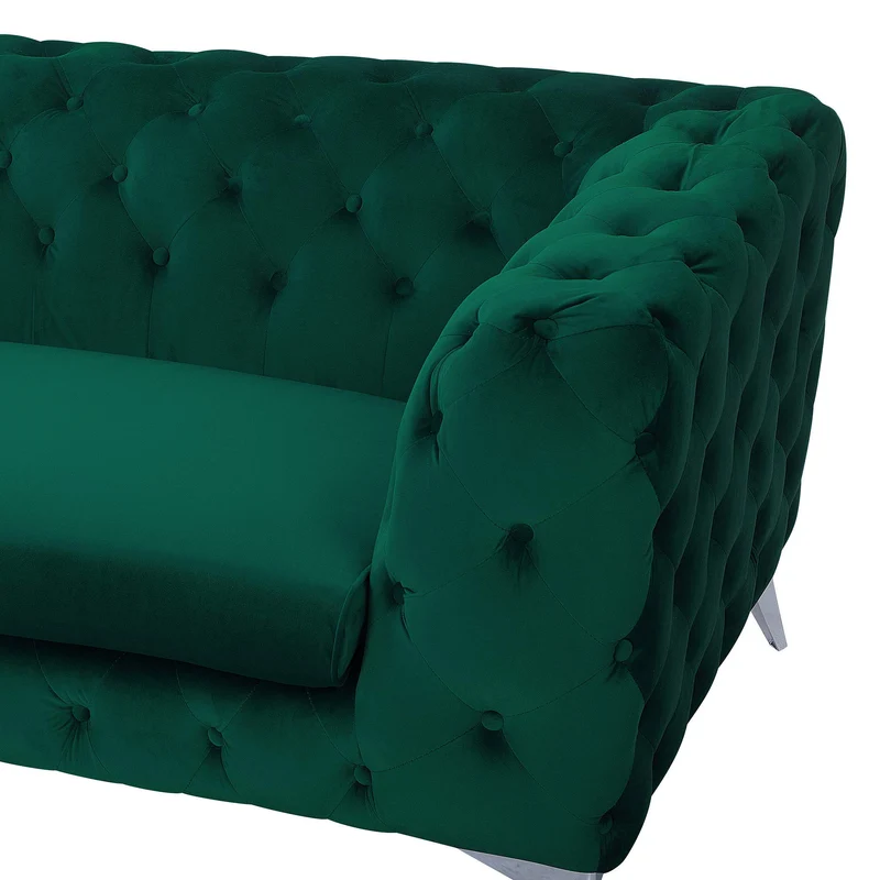Canapé Fixe 3 Places Capitonné en Velours Vert de Qualité Idéal pour Salon au Design Glamour et Traditionnel Beliani