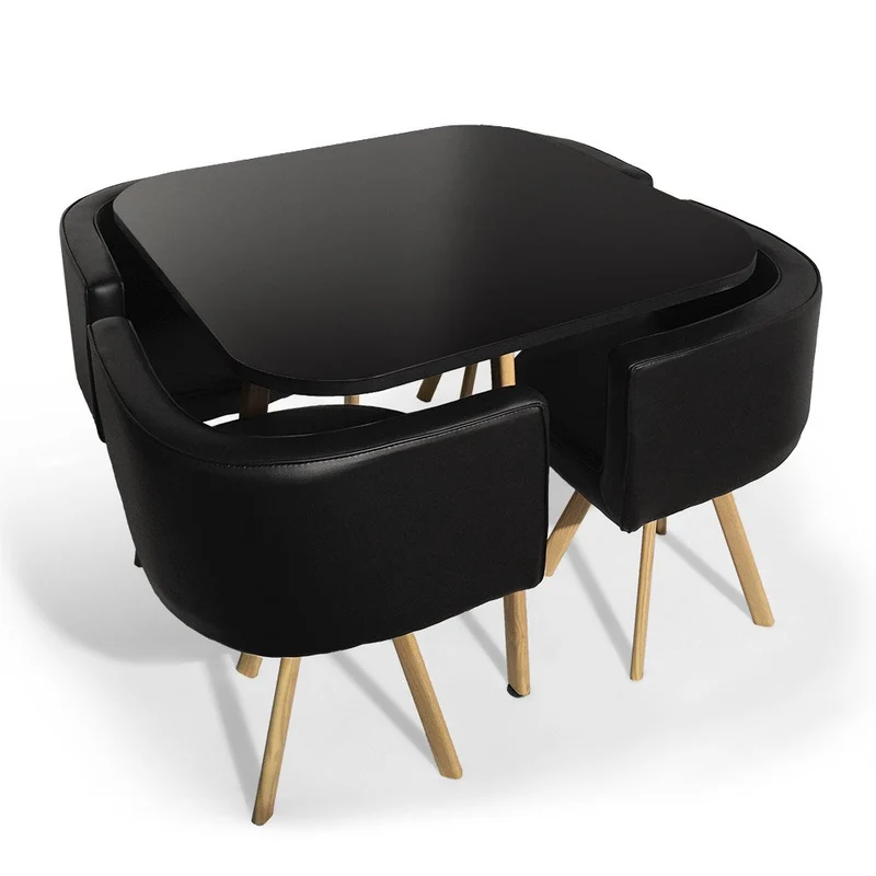 Menzzo Table A Manger et Chaises Scandinaves Noir Encastrable | Table Noire | Chaises Revêtement Simili Noir | Pieds Métal Couleur Bois| Assise Moelleuse et Confortable | Oslo | L90 x P90 x H75 cm