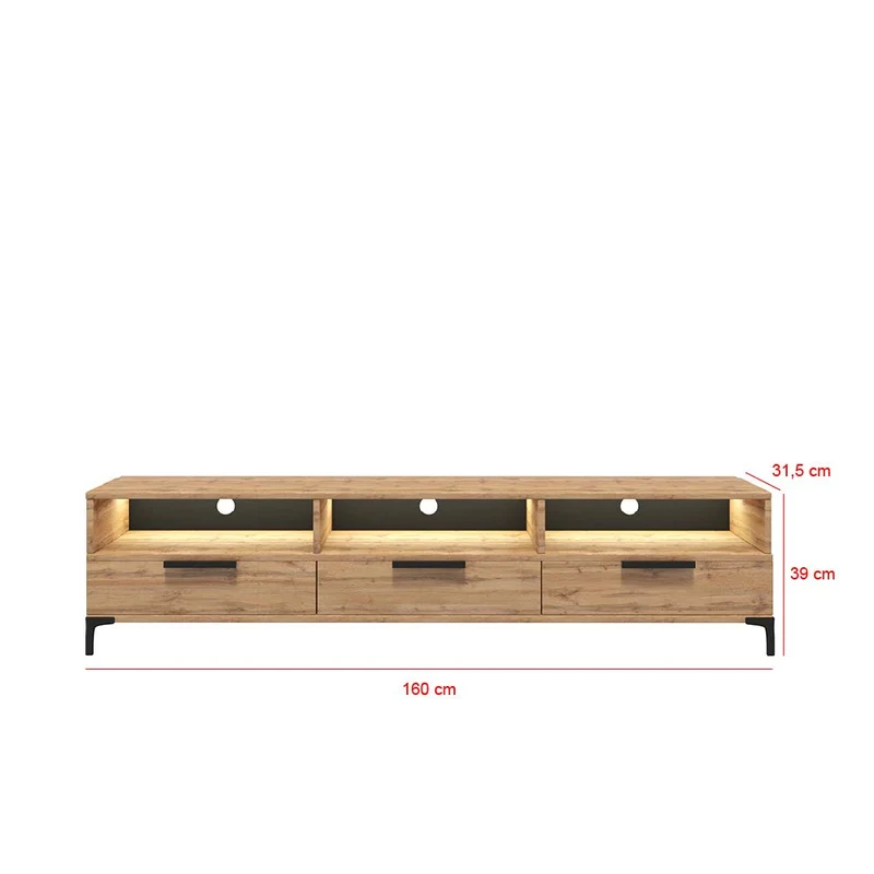 Selsey RIKKE - Meuble TV/Banc TV (chêne wotan, 160 cm, avec LED)