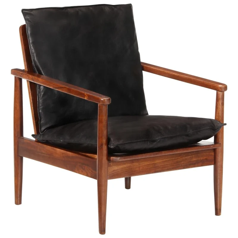 vidaXL Fauteuil, Chaise avec Coussin, Siège avec Accoudoir, Meuble de Salon Salle de Séjour, Noir Cuir Véritable et Bois d'Acacia Massif
