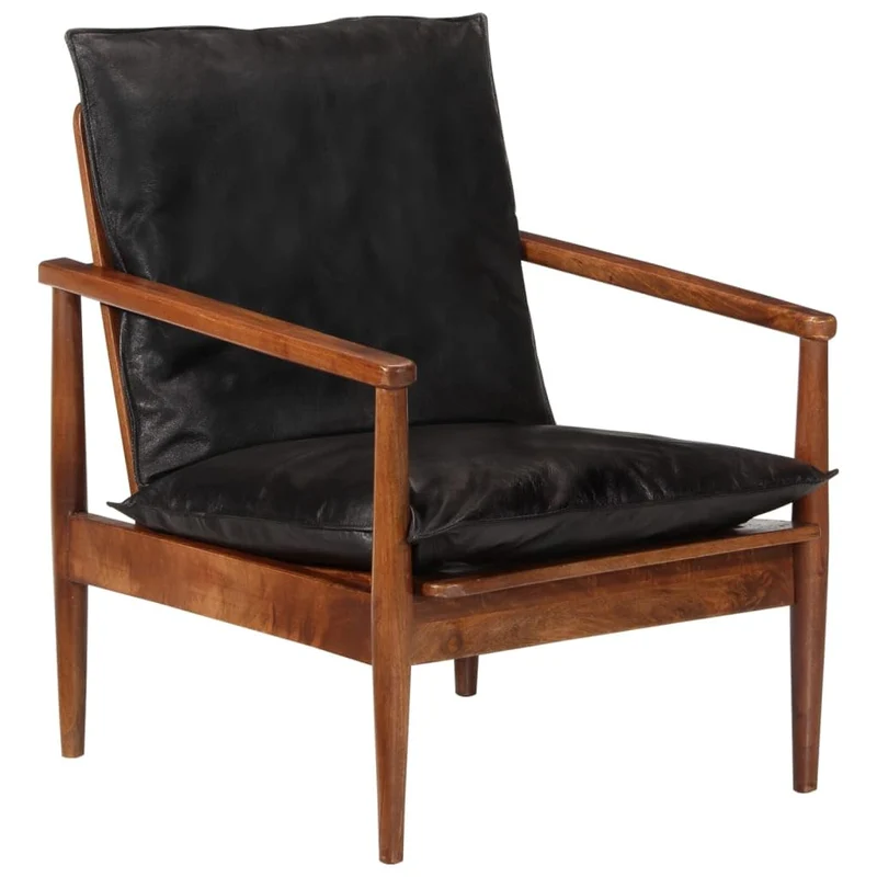 vidaXL Fauteuil, Chaise avec Coussin, Siège avec Accoudoir, Meuble de Salon Salle de Séjour, Noir Cuir Véritable et Bois d'Acacia Massif