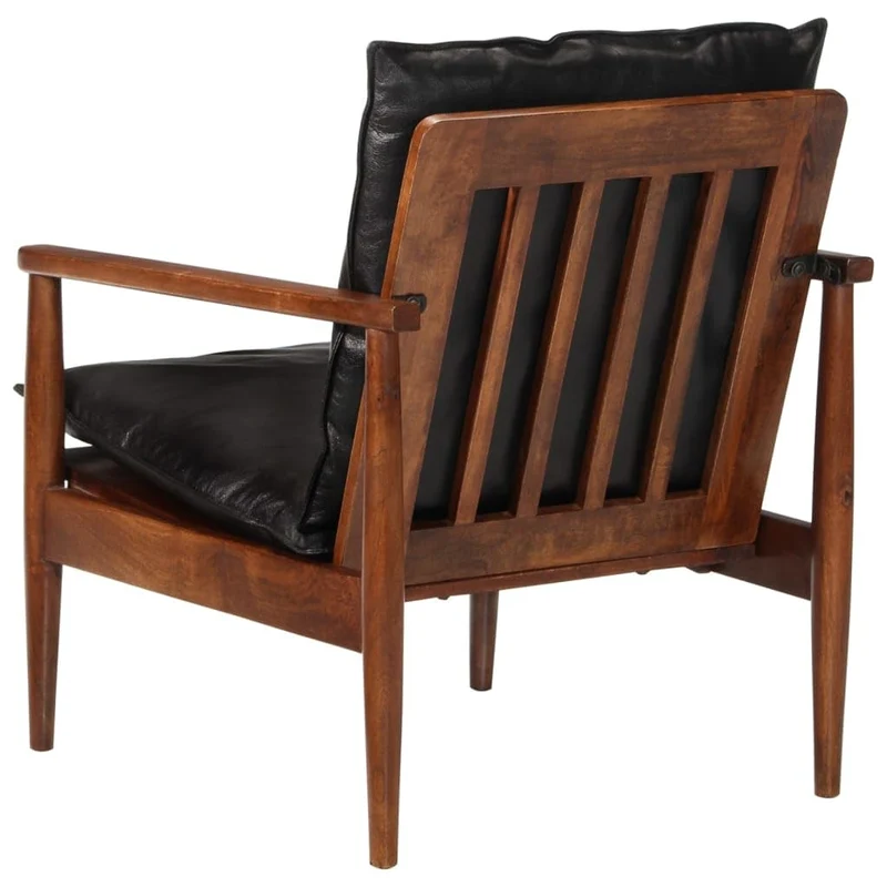 vidaXL Fauteuil, Chaise avec Coussin, Siège avec Accoudoir, Meuble de Salon Salle de Séjour, Noir Cuir Véritable et Bois d'Acacia Massif