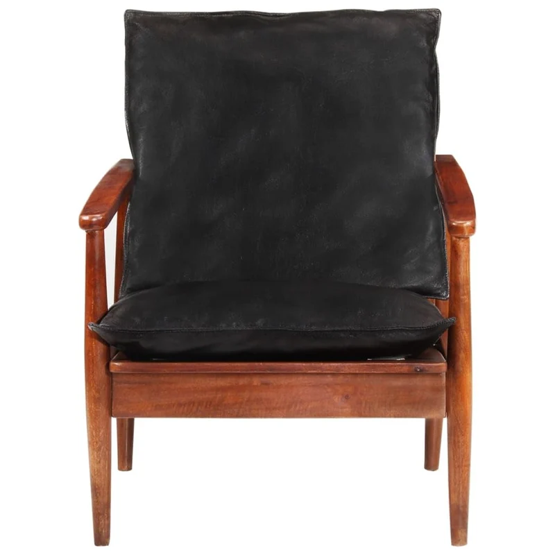 vidaXL Fauteuil, Chaise avec Coussin, Siège avec Accoudoir, Meuble de Salon Salle de Séjour, Noir Cuir Véritable et Bois d'Acacia Massif