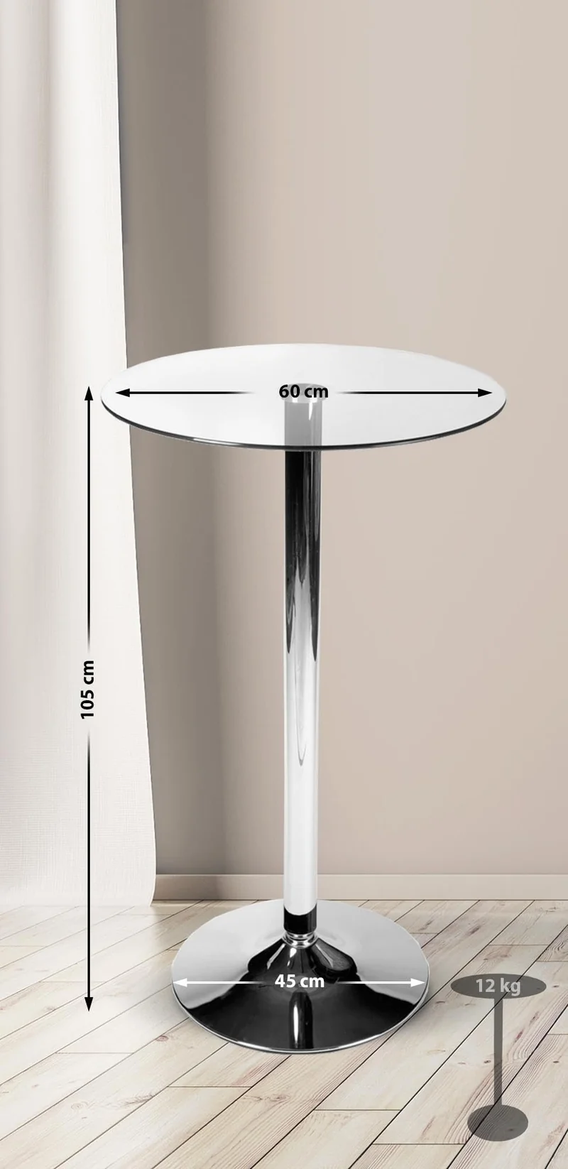 CLP Table De Bar Haute I Table Haute Mange Debout I Table en Métal Ronde avec Plateau en Verre I Stable, Couleur:Verre Clair