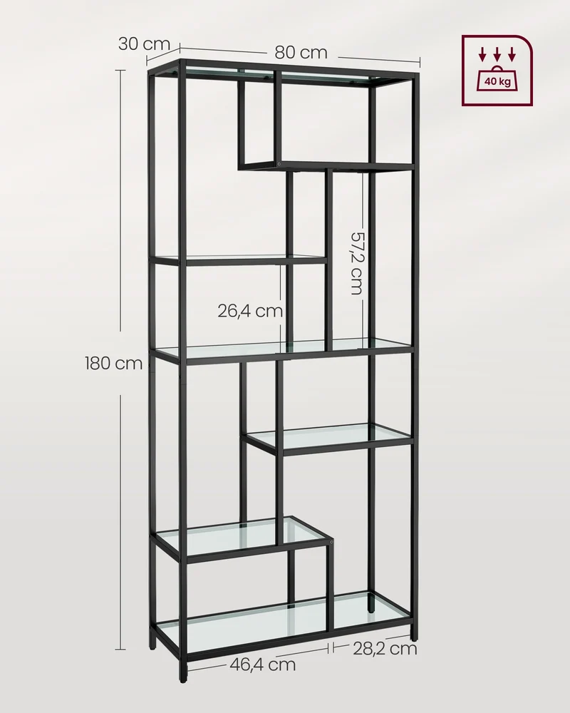 VASAGLE Étagère de Rangement, Bibliothèque, 6 Niveaux, Porte-Plantes, 30 x 80 x 180 cm, Verre Trempé, pour Bureau, Salon, Chambre, Cuisine, Noir Pur LGT502B61