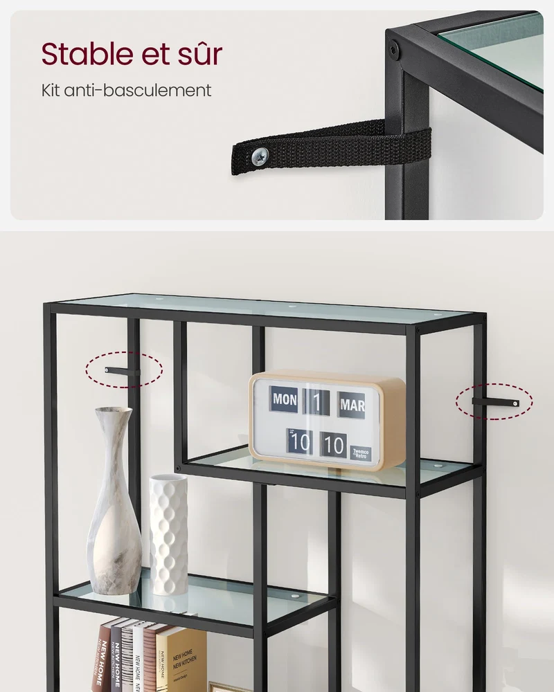 VASAGLE Étagère de Rangement, Bibliothèque, 6 Niveaux, Porte-Plantes, 30 x 80 x 180 cm, Verre Trempé, pour Bureau, Salon, Chambre, Cuisine, Noir Pur LGT502B61