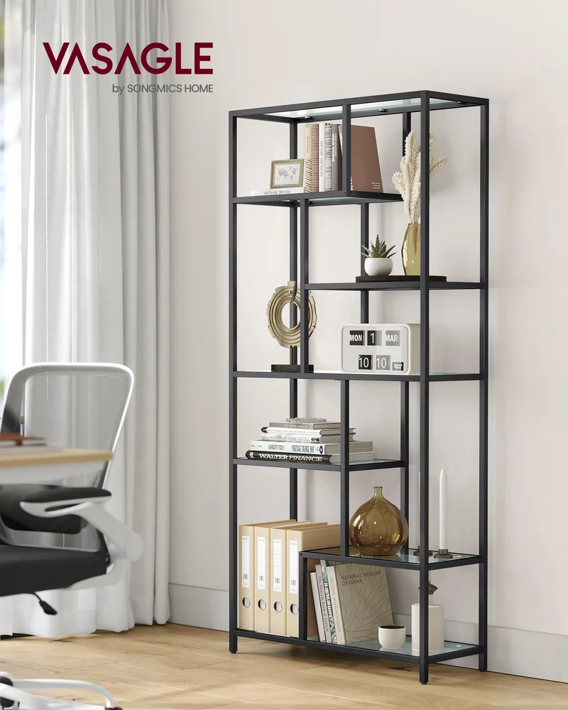 VASAGLE Étagère de Rangement, Bibliothèque, 6 Niveaux, Porte-Plantes, 30 x 80 x 180 cm, Verre Trempé, pour Bureau, Salon, Chambre, Cuisine, Noir Pur LGT502B61