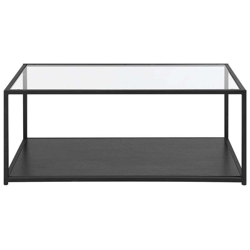 Table Basse Rectangulaire en Verre et Métal Noir avec Plateau de Rangement en Imitation Bois Noir Design Minimaliste pour Salon Moderne Beliani