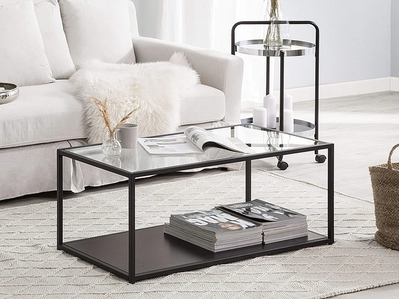 Table Basse Rectangulaire en Verre et Métal Noir avec Plateau de Rangement en Imitation Bois Noir Design Minimaliste pour Salon Moderne Beliani
