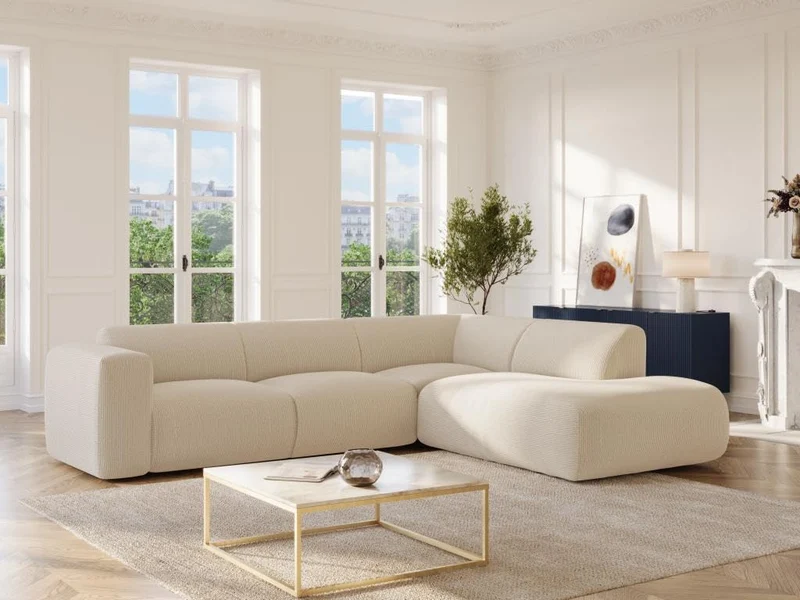 Vente-unique - Grand canapé d'angle Droit avec Dossier méridienne en Tissu texturé Beige POGNI de Maison Céphy