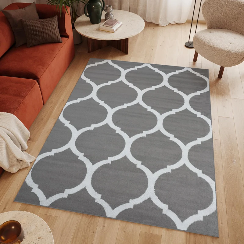 TAPISO Luxury Tapis Poils Ras Moderne Gris Blanc Géométrique Trèfle Marocain Tapis Salon Chambre Adulte Salle à Manger Bureau Oeko-TEX Résistant 160 x 220 cm