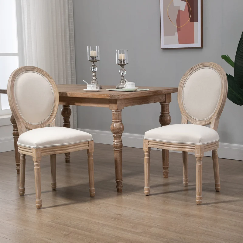 HOMCOM Lot de 2 chaises de Salle à Manger - Chaise de Salon médaillon Style Louis XVI - Bois Massif sculpté, patiné - Aspect Lin Beige