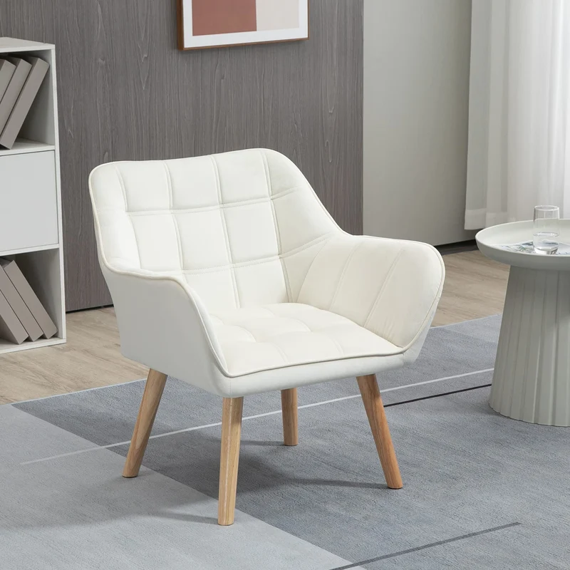 HOMCOM Fauteuil de salon Fauteuil à oreilles Fauteuil de relaxation avec pieds en caoutchouc, fauteuil de lecture avec aspect velours, fauteuil rembourré pour chambre à coucher, scandinave, blanc