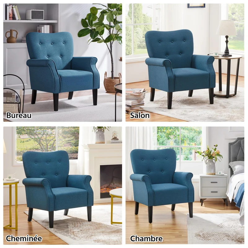 Yaheetech Fauteuil de Salon Chaise de Salon Moderne en Tissu Polyester avec Dossier Capitonné Pied en Bois Chaise d'Aappoint Simple pour Salon Chambre Bleu Marine