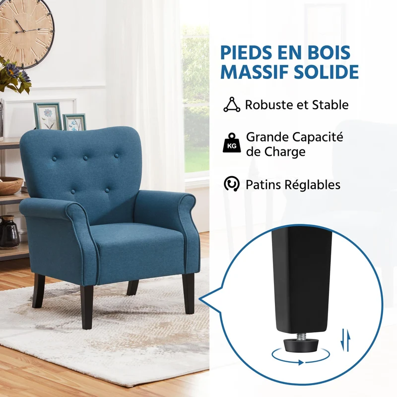 Yaheetech Fauteuil de Salon Chaise de Salon Moderne en Tissu Polyester avec Dossier Capitonné Pied en Bois Chaise d'Aappoint Simple pour Salon Chambre Bleu Marine