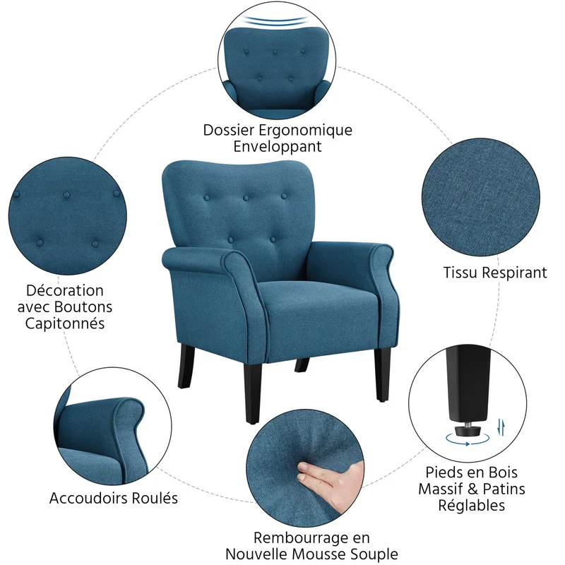 Yaheetech Fauteuil de Salon Chaise de Salon Moderne en Tissu Polyester avec Dossier Capitonné Pied en Bois Chaise d'Aappoint Simple pour Salon Chambre Bleu Marine