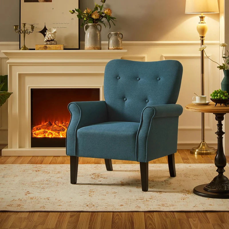 Yaheetech Fauteuil de Salon Chaise de Salon Moderne en Tissu Polyester avec Dossier Capitonné Pied en Bois Chaise d'Aappoint Simple pour Salon Chambre Bleu Marine