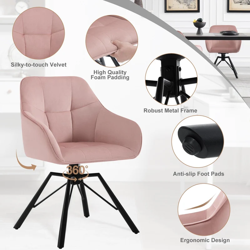 WOLTU Chaise Pivotante à 360°, Chaise Salle à Manger, Chaise Scandinave, Chaise de Cuisine, Fauteuil Salle à Manger, en Velours, Assise Rembourrée, Pieds en Métal, Rose, BH365rs-1