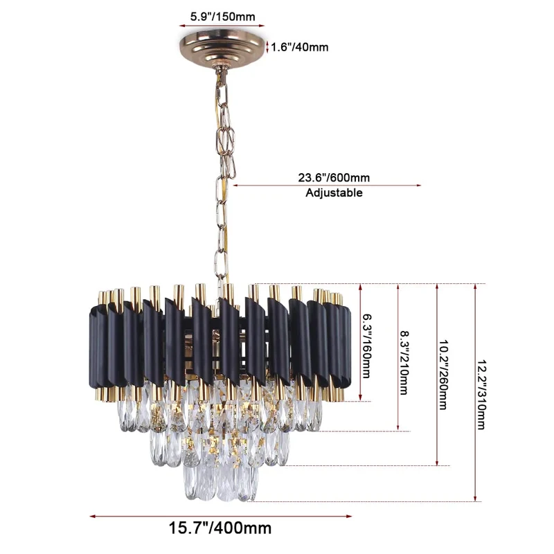 FRIXCHUR Lustre en cristal moderne 15.7 "lustre en cristal noir et or lustre en cristal lustre en cristal à trois couches pour la Chambre principale salon table à manger…