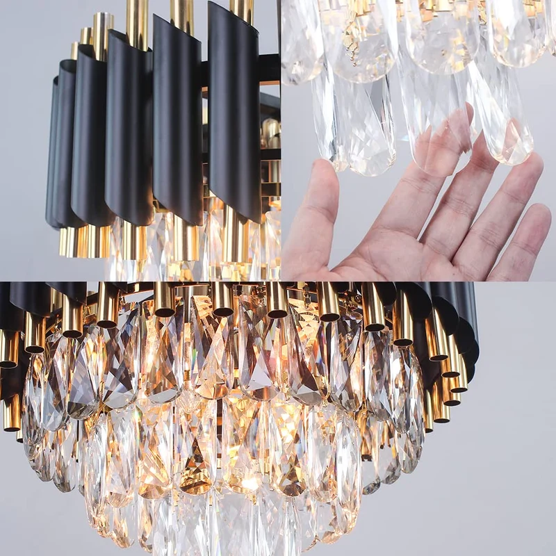 FRIXCHUR Lustre en cristal moderne 15.7 "lustre en cristal noir et or lustre en cristal lustre en cristal à trois couches pour la Chambre principale salon table à manger…