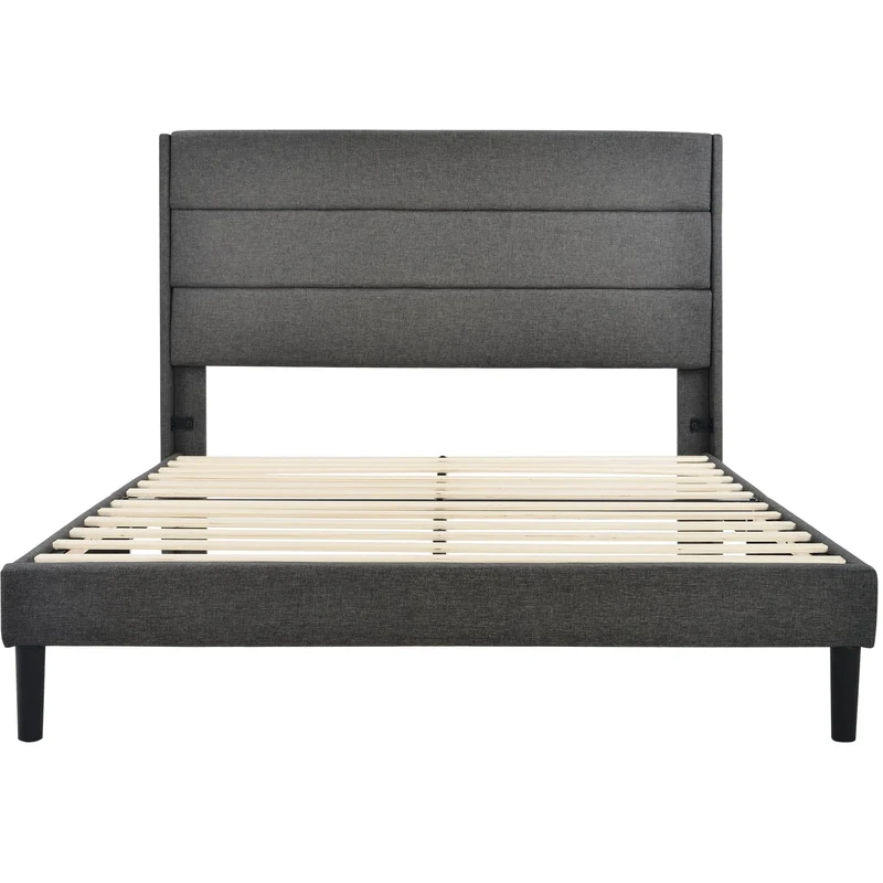 GFM Lit rembourré 140 x 200 cm - Cadre de lit avec sommier à lattes et tête de lit double rembourré - Housse textile en lin gris foncé - Design moderne intemporel - Lit pour adolescent