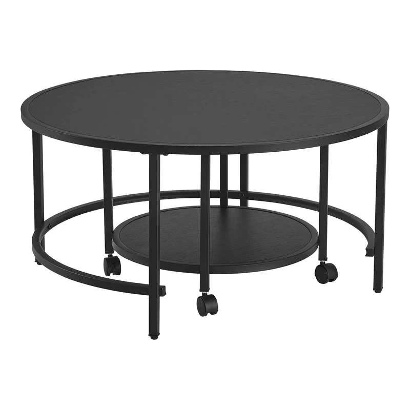 [en.casa] Lot de 2 Tables Basses Rondes Ensemble de Meubles de Salon Gigognes roulettes Espace de Rangement Panneau de Particules Mélaminé Acier Laqué Noir Mat