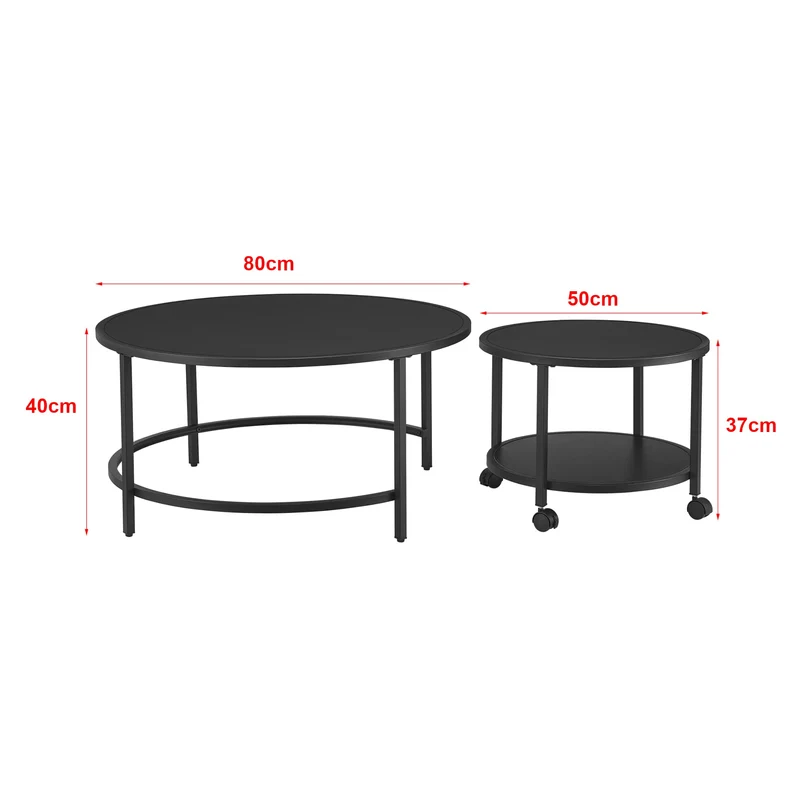 [en.casa] Lot de 2 Tables Basses Rondes Ensemble de Meubles de Salon Gigognes roulettes Espace de Rangement Panneau de Particules Mélaminé Acier Laqué Noir Mat