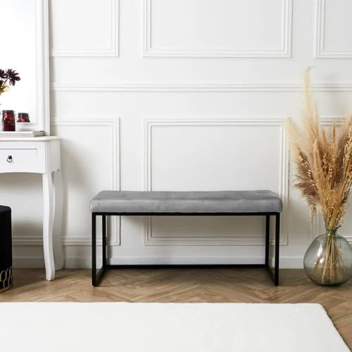 HOME DECO FACTORY HD6834 Banc Giulia Velours Cotele, Metal-Fer Textile-Polyester Rembourrage-PU, Gris Souris, 100 x 39 x 49 cm