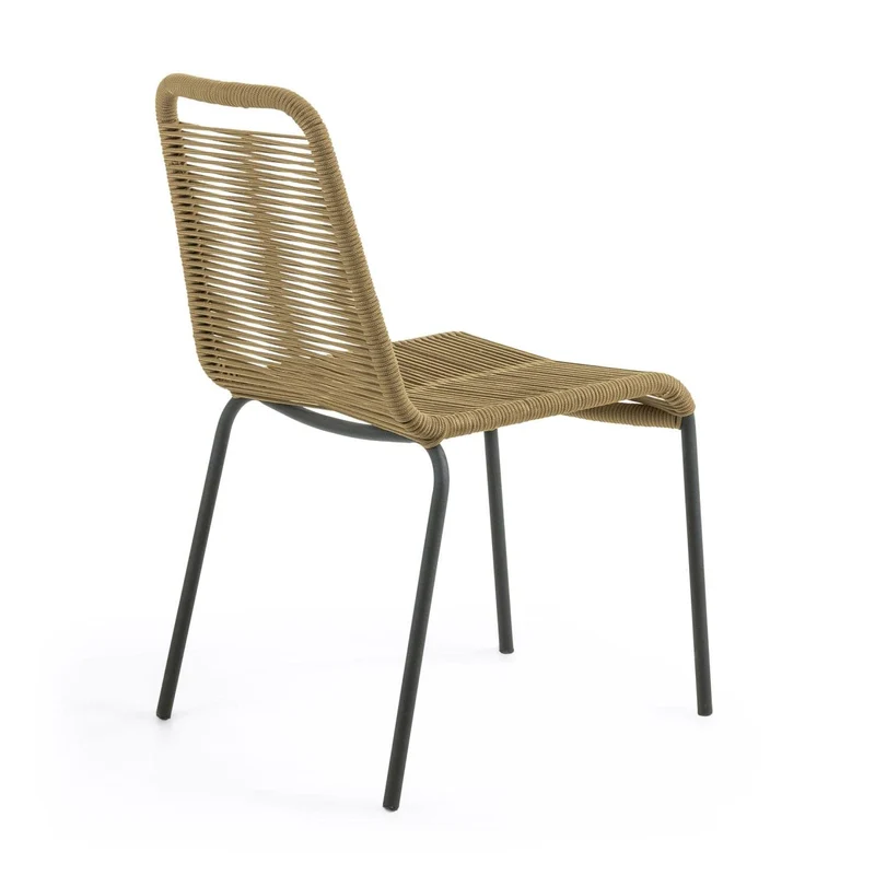 Kave Home - Chaise de Salle à Manger Lambton Marron Clair en Corde en Polyester et Pieds en Acier Noir pour Usage intérieur et extérieur